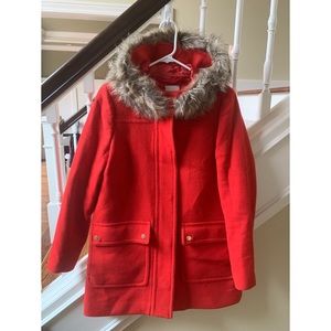 Red J. Crew Coat with detachable fur hood